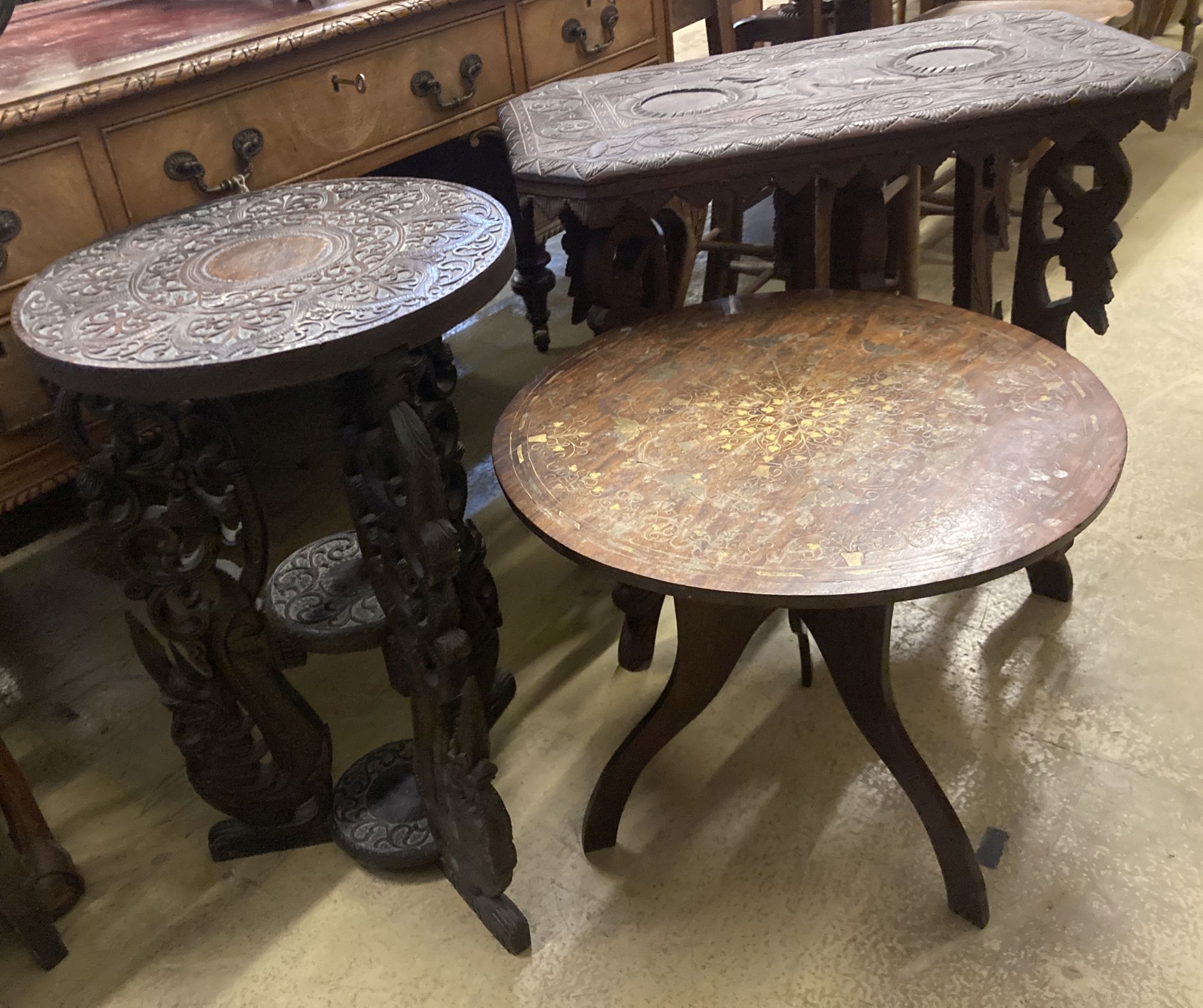 Two Asian carved occasional tables and an Indian table, largest width 66cm, depth 38cm, height 64cm